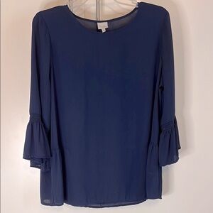 Pleione Blue Ruffled Bell Sleeve Blouse